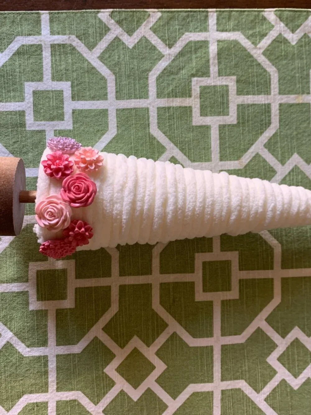 White Fabric Cone Tree Decoration Pink Floral Base Wooden Stand 8.5 Inch Tableto